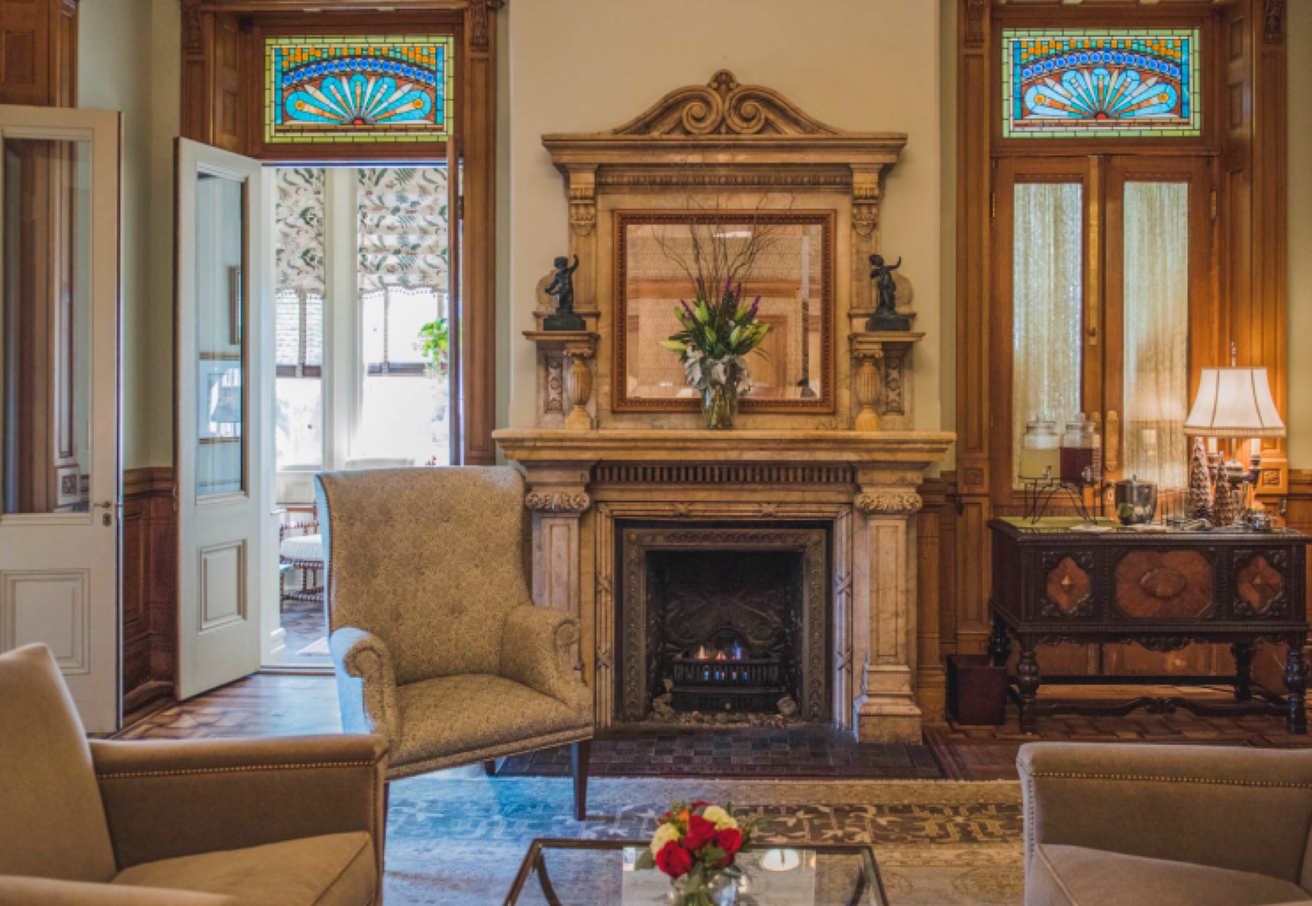 Fireplace in the Harleston Parlor in Wentworth Mansion in historic Charleston