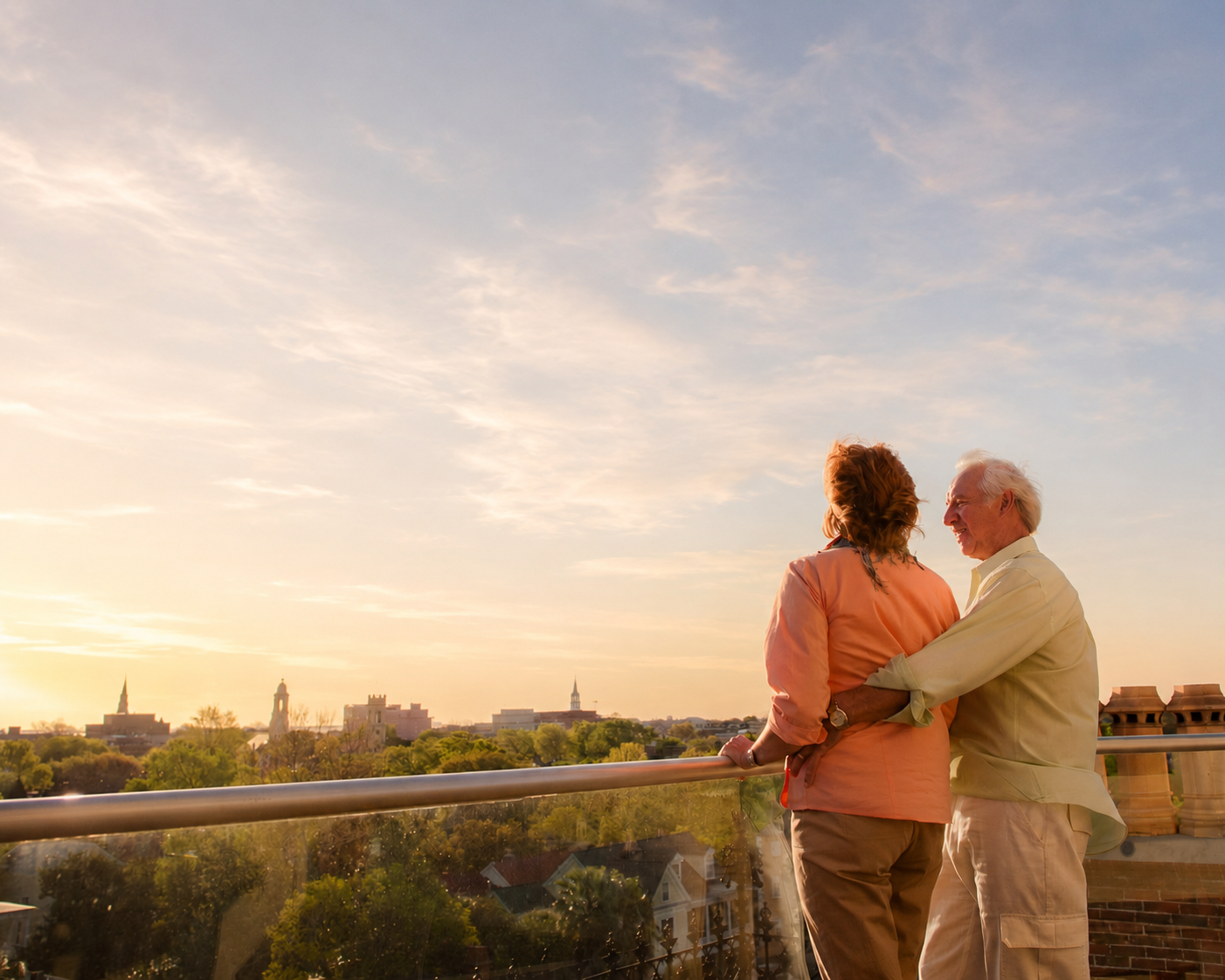 Couple enjoying sunset on the cupola at Wentworth Mansion